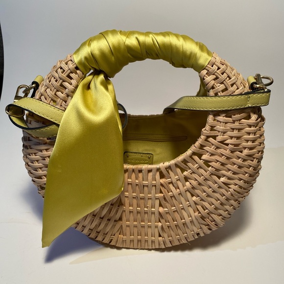 Handbags - Elegant Tan Woven Handbag with Green Satin Trim